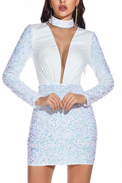 Sequin Embroidered Stand-Up Collar Sexy Elegant Prom Dress