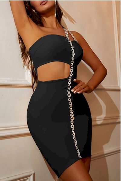 Load image into Gallery viewer, Make a Glamorous Entrance in Our One-Shoulder Rhinestone Chain Mini Dress
