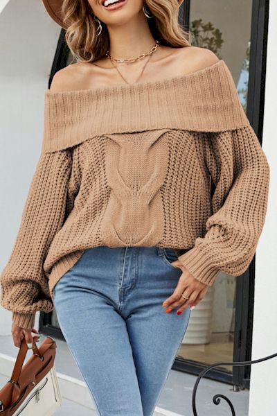 Load image into Gallery viewer, Sculpt Your Style: Off-The-Shoulder Lantern Sleeve Sweater
