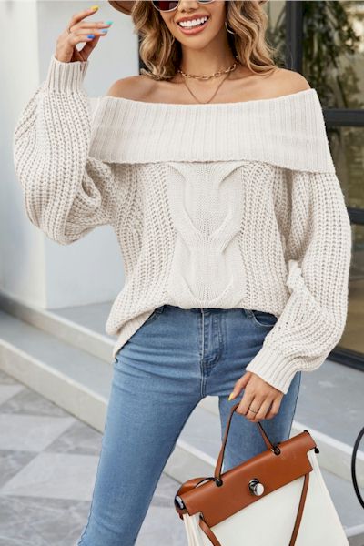 Load image into Gallery viewer, Sculpt Your Style: Off-The-Shoulder Lantern Sleeve Sweater
