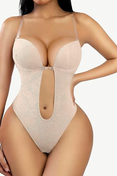 Load image into Gallery viewer, Elegance and Allure: Deep V-neck Lace Thong Bodysuit for Confident Seduction
