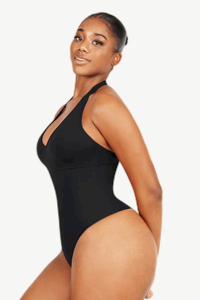 Luxury Sculpting: Premium Fabric Hanging Neck Bodysuit for Silhouette