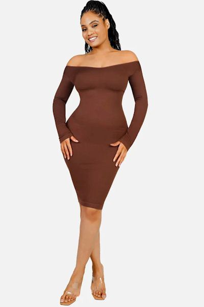 Shape & Shine: Sleek V Neck Long Sleeve Shaper Dress for Ultimate Confidence