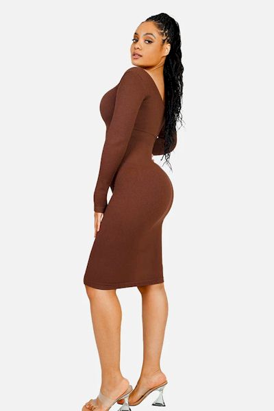 Load image into Gallery viewer, Shape &amp; Shine: Sleek V Neck Long Sleeve Shaper Dress for Ultimate Confidence
