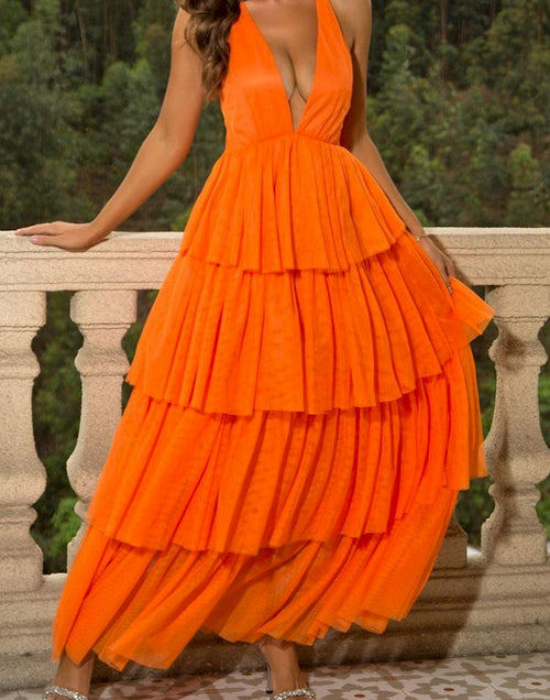 Load image into Gallery viewer, Sultry Sunset Elegance: Orange Deep V Tiered Maxi Dress
