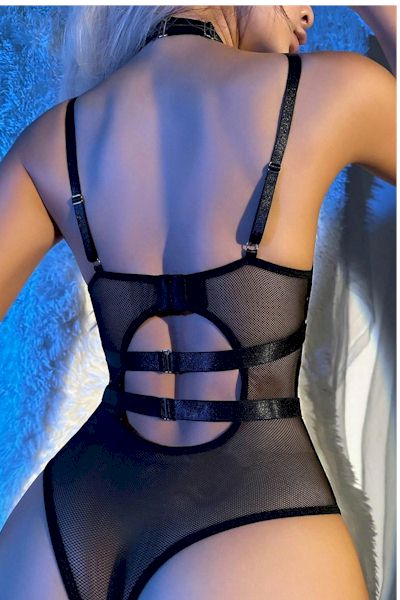 Seduction Redefined: Slight Stretch Mesh and Vegan Leather-Look Teddy"