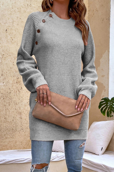 Load image into Gallery viewer, Stylish and Casual Knitted Sweater with Lantern Sleeves and Buttons for Sophisticated Elegance
