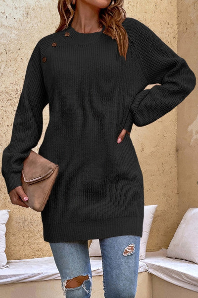 Stylish and Casual Knitted Sweater with Lantern Sleeves and Buttons for Sophisticated Elegance