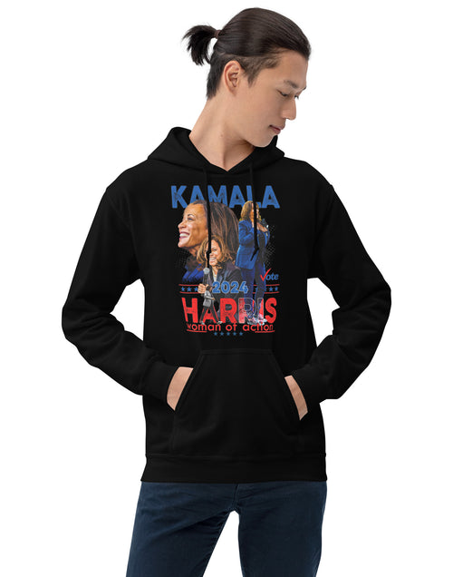 Load image into Gallery viewer, Kamala Harris - A Woman of Action Unisex Hoodie
