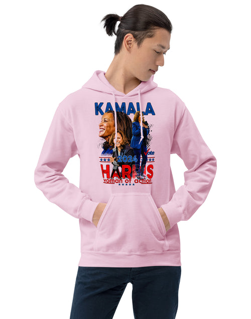 Load image into Gallery viewer, Kamala Harris - A Woman of Action Unisex Hoodie
