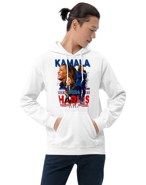 Load image into Gallery viewer, Kamala Harris - A Woman of Action Unisex Hoodie
