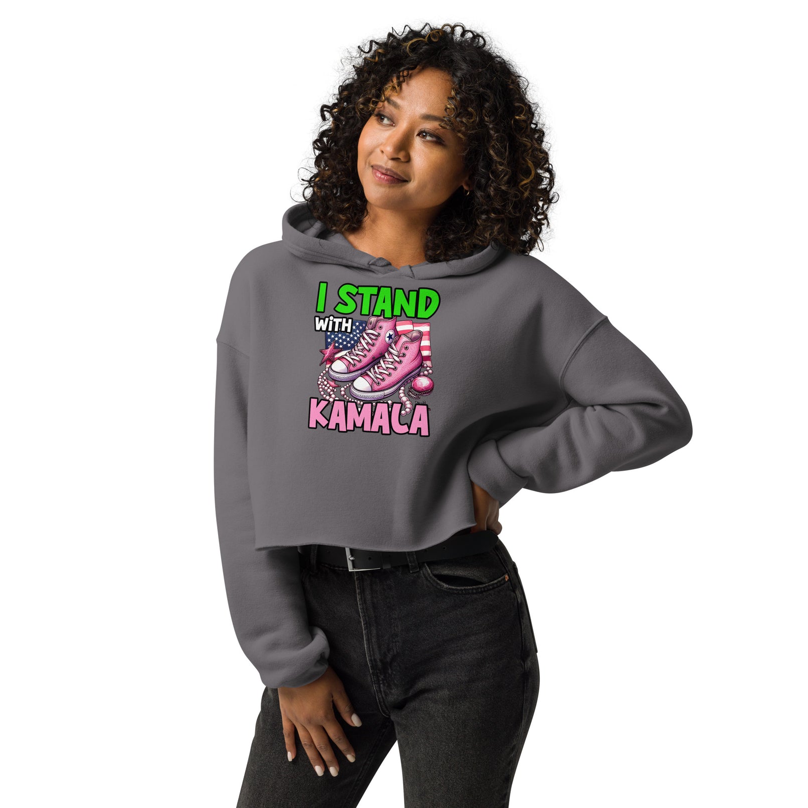 I'm with Kamala - Pink and Green Crop Hoodie