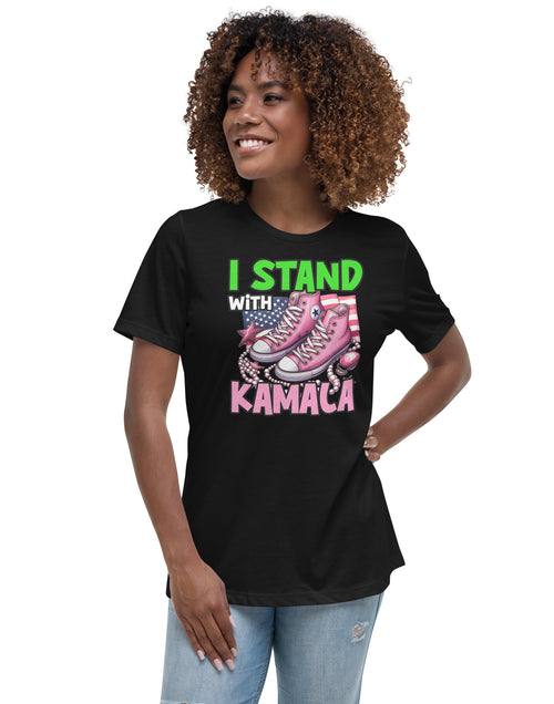 Load image into Gallery viewer, I&#39;m with Kamala - Pink and Green Women&#39;s Relaxed T-Shirt
