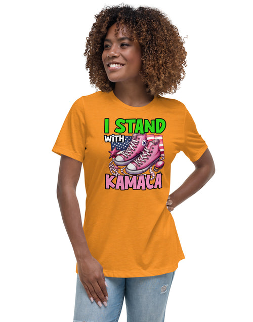 Load image into Gallery viewer, I&#39;m with Kamala - Pink and Green Women&#39;s Relaxed T-Shirt
