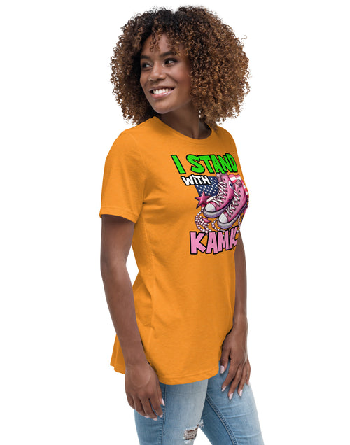 Load image into Gallery viewer, I&#39;m with Kamala - Pink and Green Women&#39;s Relaxed T-Shirt
