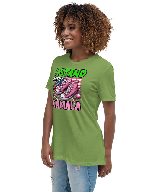 Load image into Gallery viewer, I&#39;m with Kamala - Pink and Green Women&#39;s Relaxed T-Shirt
