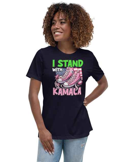 Load image into Gallery viewer, I&#39;m with Kamala - Pink and Green Women&#39;s Relaxed T-Shirt
