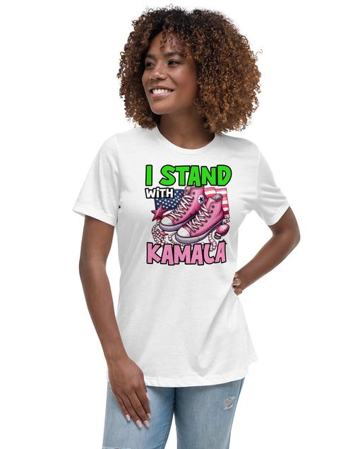 Load image into Gallery viewer, I&#39;m with Kamala - Pink and Green Women&#39;s Relaxed T-Shirt
