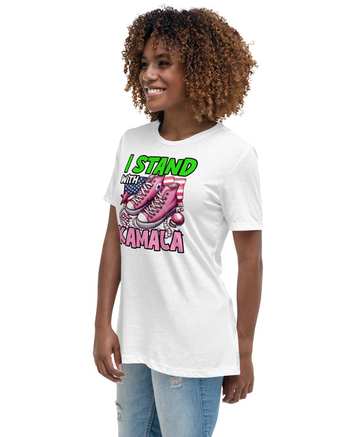 Load image into Gallery viewer, I&#39;m with Kamala - Pink and Green Women&#39;s Relaxed T-Shirt
