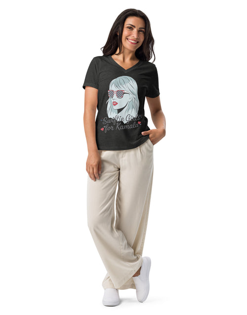 Load image into Gallery viewer, Swifties for Kamala Harris Tshirt Women’s relaxed v-neck t-shirt
