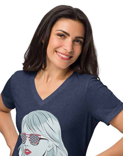 Load image into Gallery viewer, Swifties for Kamala Harris Tshirt Women’s relaxed v-neck t-shirt
