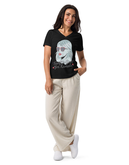 Load image into Gallery viewer, Swifties for Kamala Harris Tshirt Women’s relaxed v-neck t-shirt
