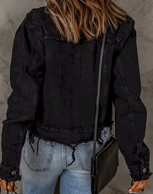 Load image into Gallery viewer, Black Frayed Trim Button Down Denim Jacket
