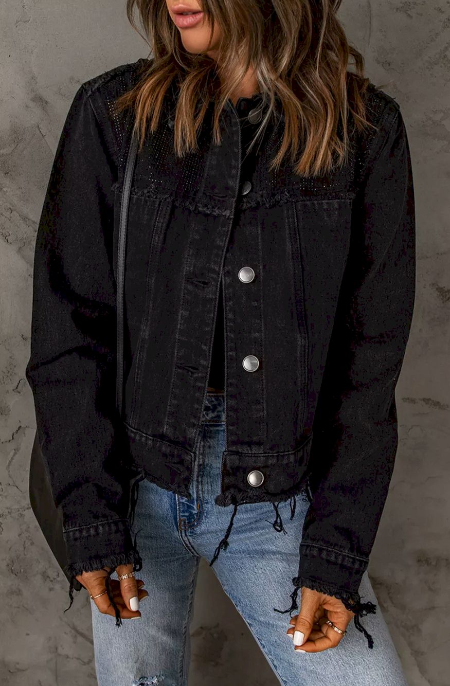 Black Frayed Trim Button Down Denim Jacket