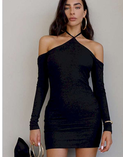 Load image into Gallery viewer, Black Halter Neck Off Shoulder Bodycon Mini Dress
