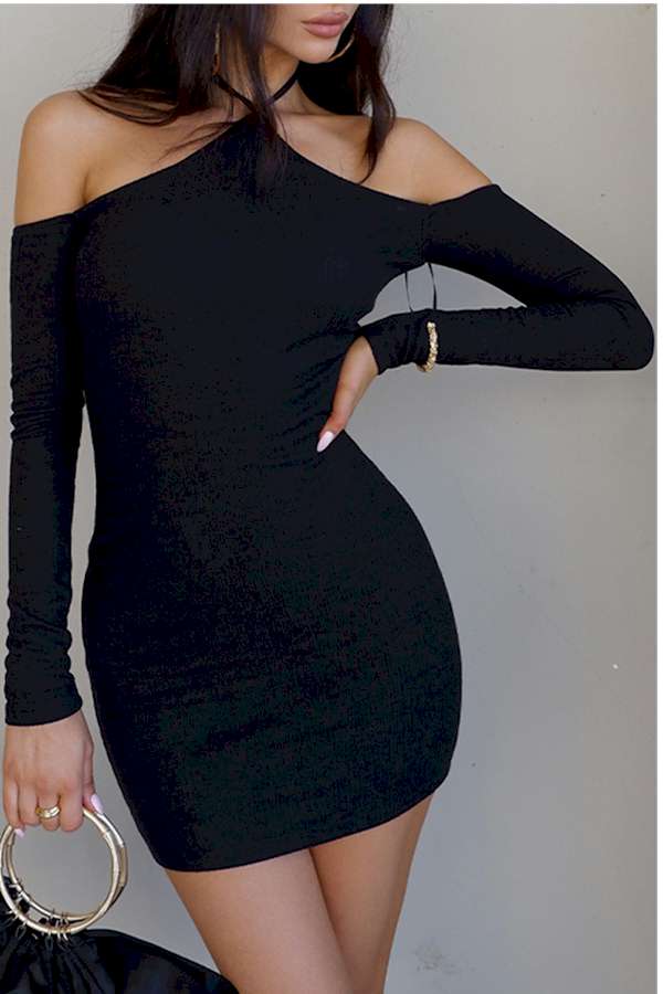 Black Halter Neck Off Shoulder Bodycon Mini Dress