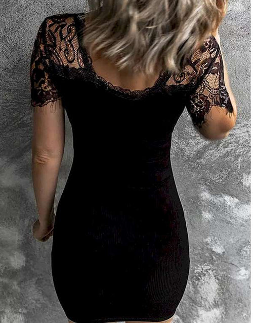 Load image into Gallery viewer, Black Lace Sleeve Ribbed Bodycon Mini Dress
