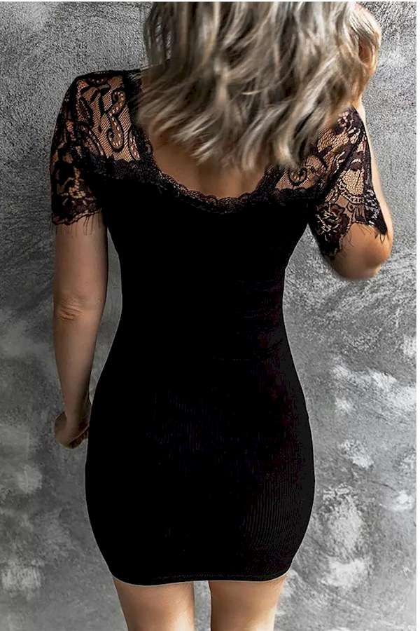 Black Lace Sleeve Ribbed Bodycon Mini Dress