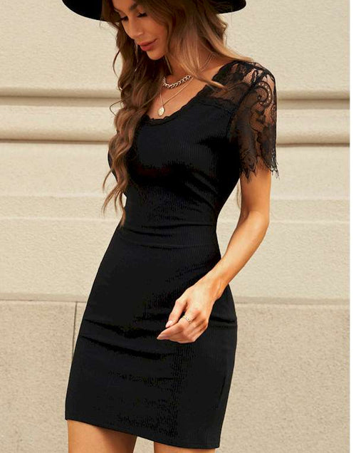 Load image into Gallery viewer, Black Lace Sleeve Ribbed Bodycon Mini Dress
