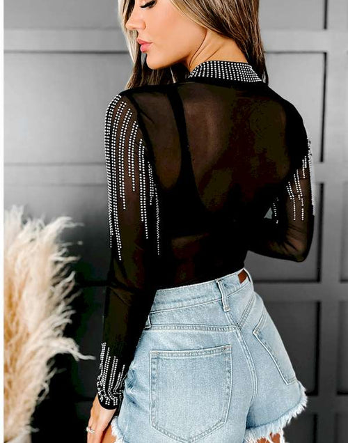 Load image into Gallery viewer, Black Rhinestone Sheer Mesh Long Sleeve Bodysuit
