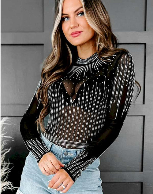 Load image into Gallery viewer, Black Rhinestone Sheer Mesh Long Sleeve Bodysuit
