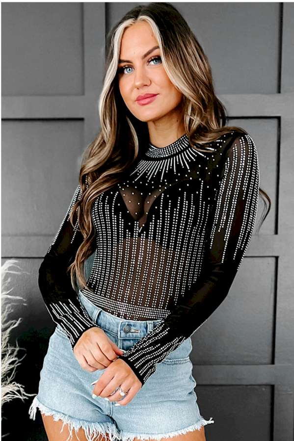 Black Rhinestone Sheer Mesh Long Sleeve Bodysuit