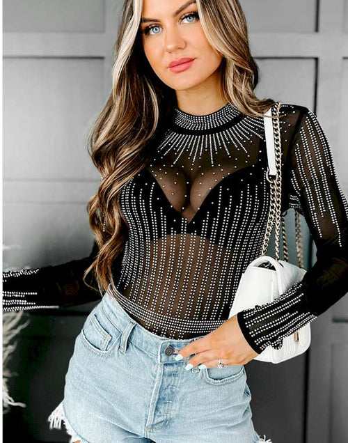 Load image into Gallery viewer, Black Rhinestone Sheer Mesh Long Sleeve Bodysuit
