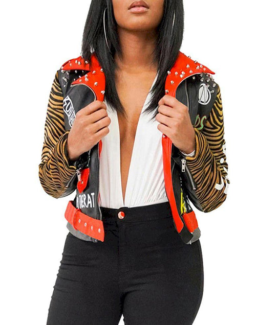 Load image into Gallery viewer, Studded Printed Lapel Fashionable Zipper PU Leather Short Jacket
