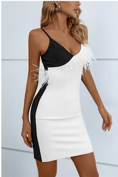 Load image into Gallery viewer, Black and White Sling Zip-up Feather Slim Mini Prom Dress
