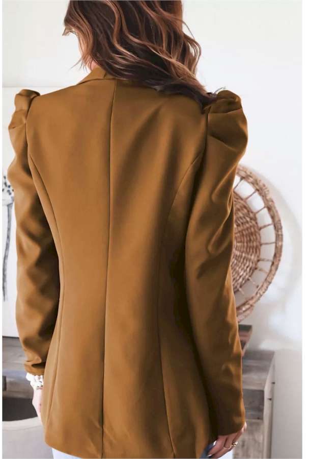 Brown Open Front Puff Sleeves Blazer