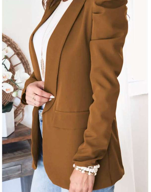 Load image into Gallery viewer, Brown Open Front Puff Sleeves Blazer
