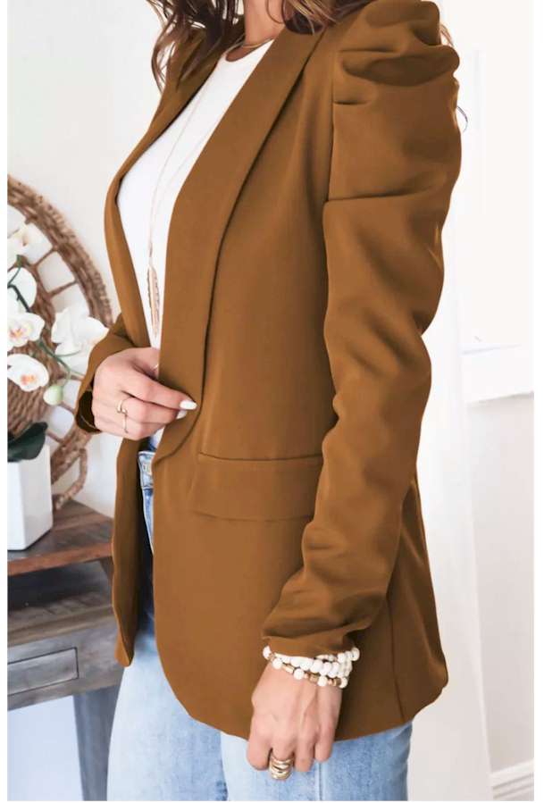 Brown Open Front Puff Sleeves Blazer