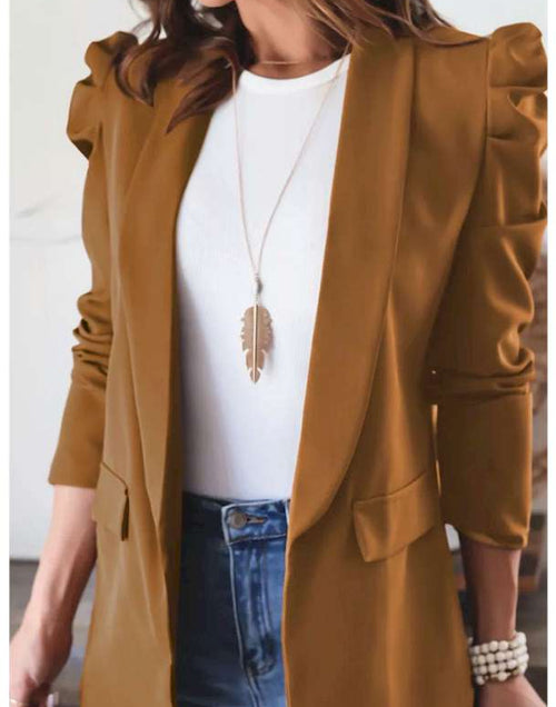 Load image into Gallery viewer, Brown Open Front Puff Sleeves Blazer
