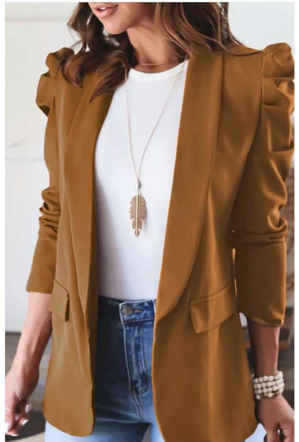 Brown Open Front Puff Sleeves Blazer