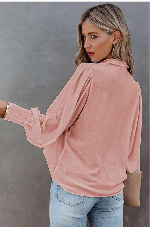 Pink Solid Button-up Loose Long Sleeve Shirt