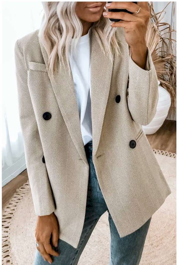 Chevron Ribbed Double Breasted Lapel Collar Blazer