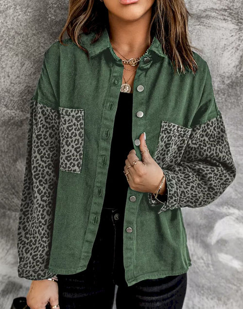 Load image into Gallery viewer, Contrast Leopard Denim Jacket
