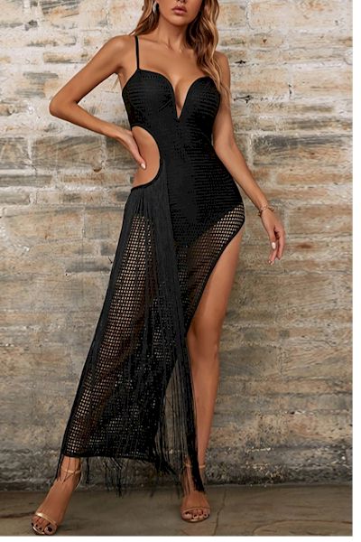 Deep V Sling Hollow Tassels Luxurious Sexy Midi Gown