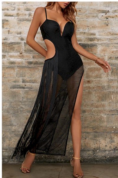 Load image into Gallery viewer, Deep V Sling Hollow Tassels Luxurious Sexy Midi Gown
