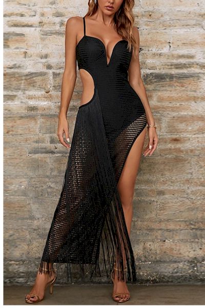 Load image into Gallery viewer, Deep V Sling Hollow Tassels Luxurious Sexy Midi Gown
